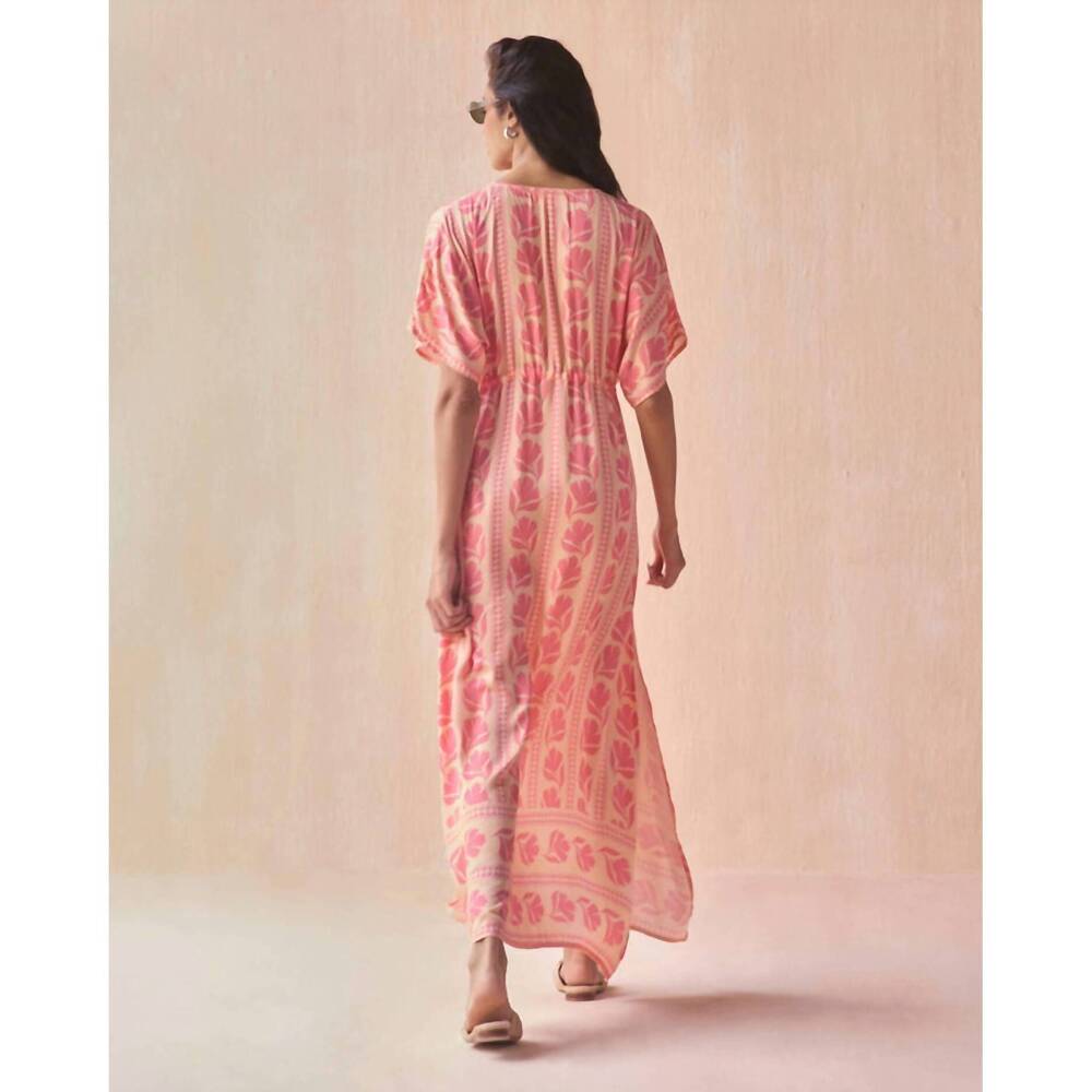 Pink Floral V-Neck Maxi Dress with Drawstring Waist - Picture 2 of 3